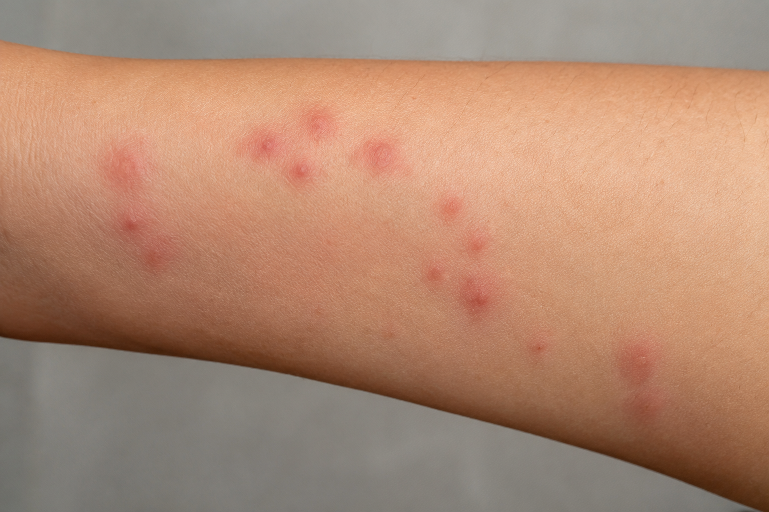 Cluster of red, raised bed bug bites in a line on a person's forearm