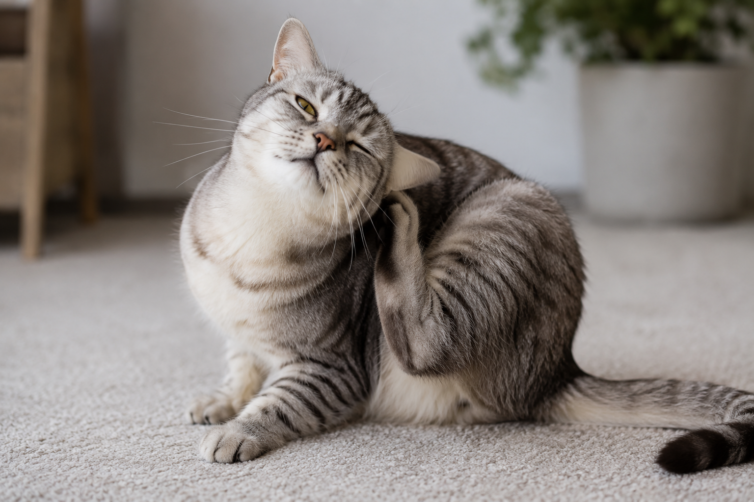 Tabby cat scratching from cat fleas on a living room carpet