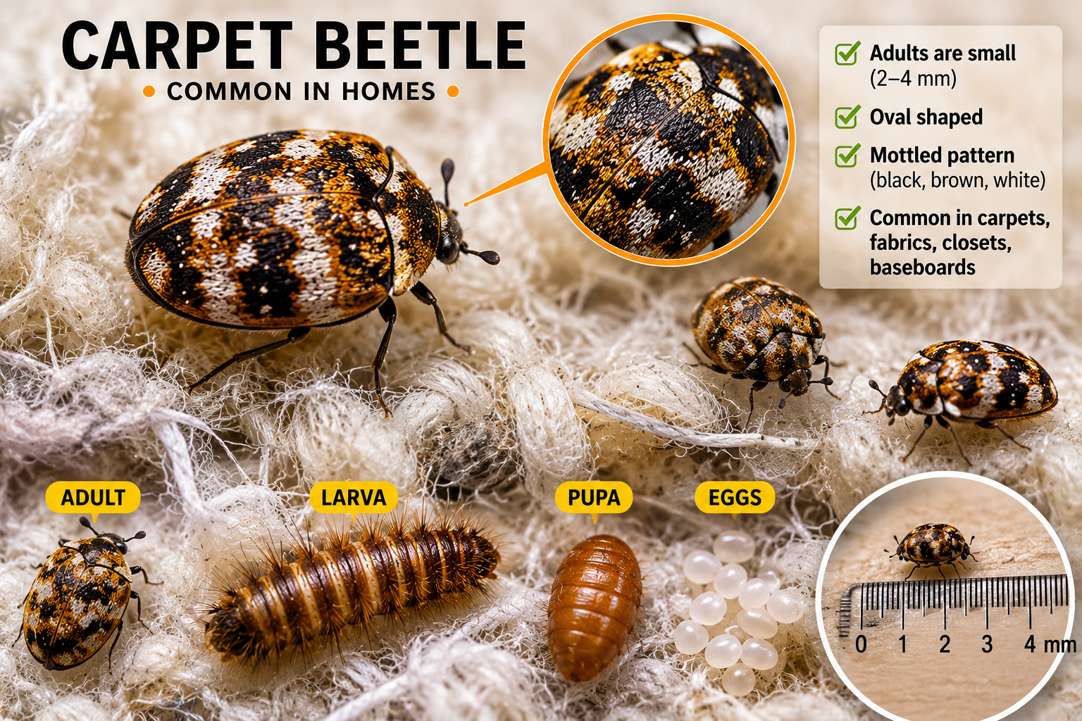 Carpet beetle identification chart: adult Anthrenus beetle (2–4 mm) alongside labelled wooly bear larva showing bristles, brown segmented body and small head