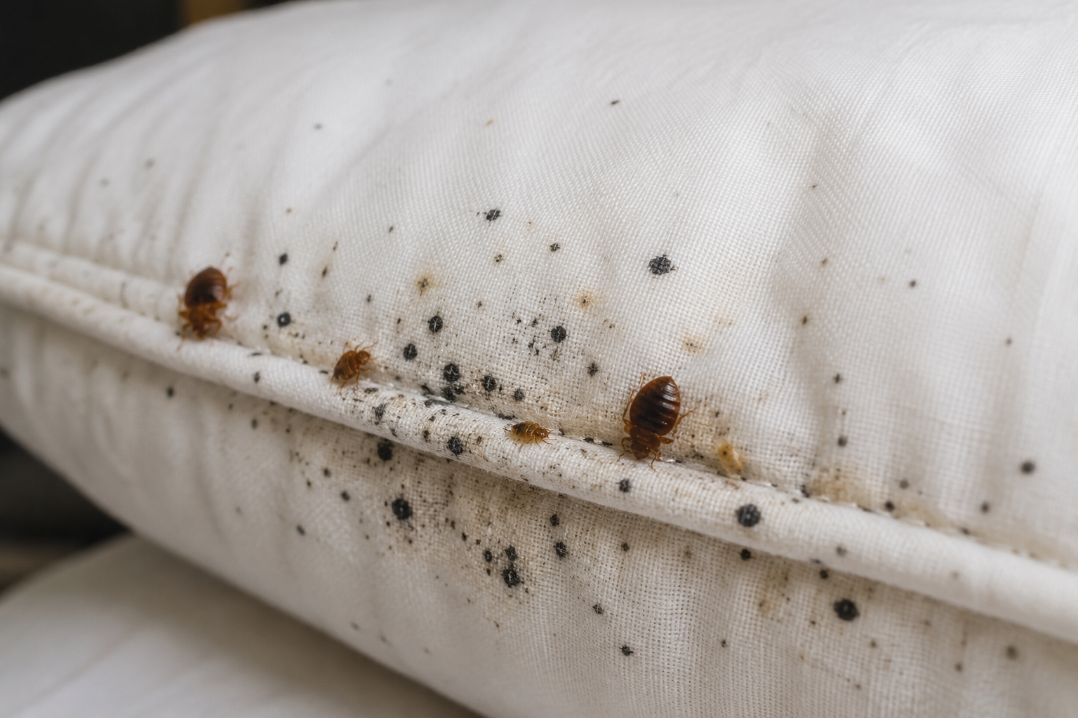 Bed bugs and dark faecal staining along the seam of a white pillow