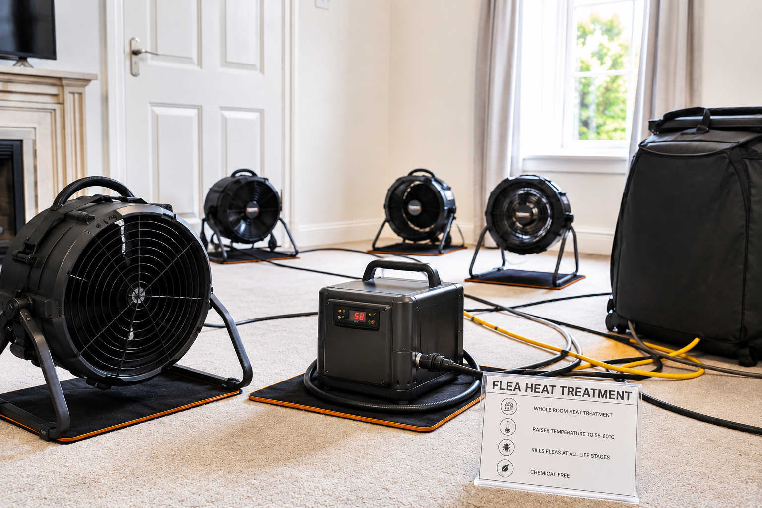 Professional flea heat treatment equipment with high-volume floor fans and heater in a UK home, showing the setup used to drive heat into carpet pile