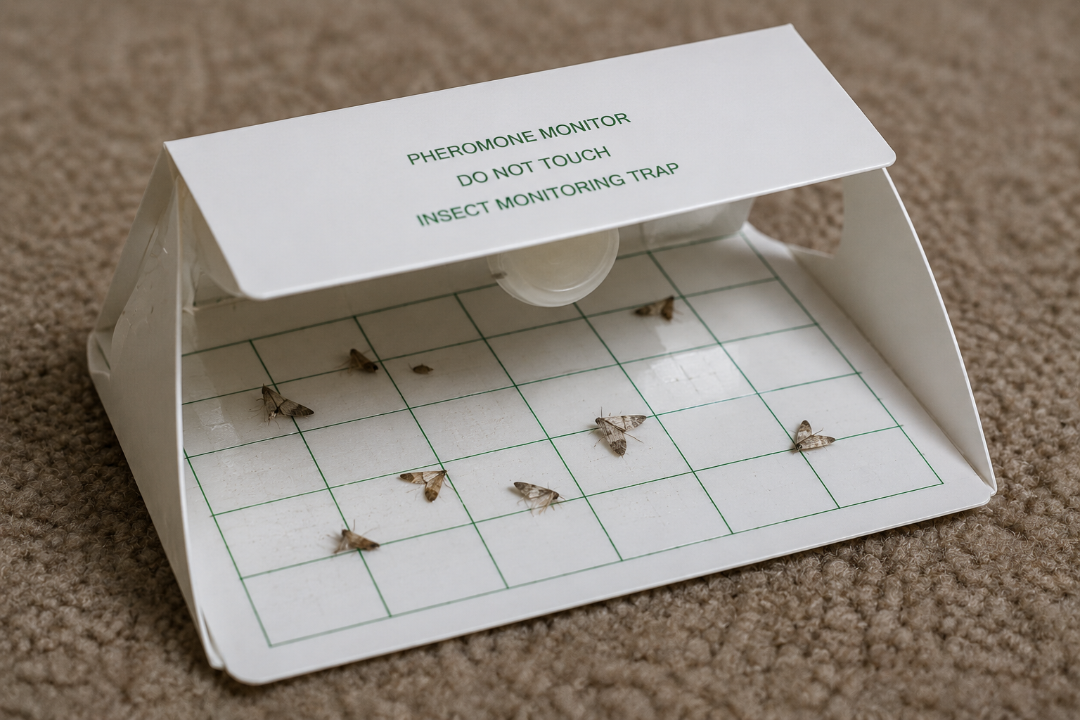 Pheromone monitoring trap showing captured moths on a carpeted floor
