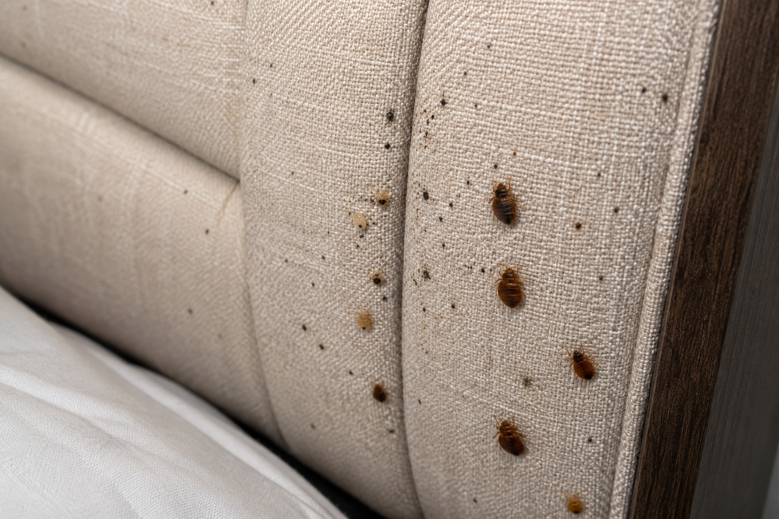 Bed bugs, eggs and dark spotting on a fabric upholstered headboard