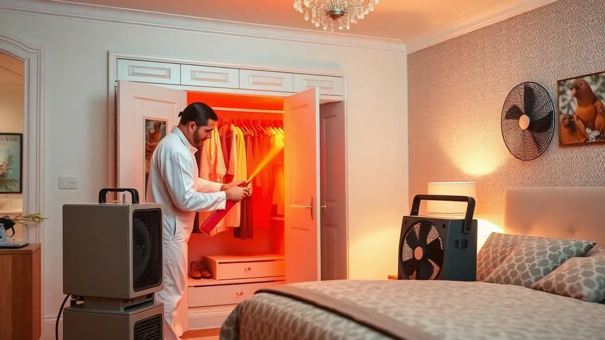 Professional heat treatment equipment treating a wardrobe and bedroom for moths in a UK home