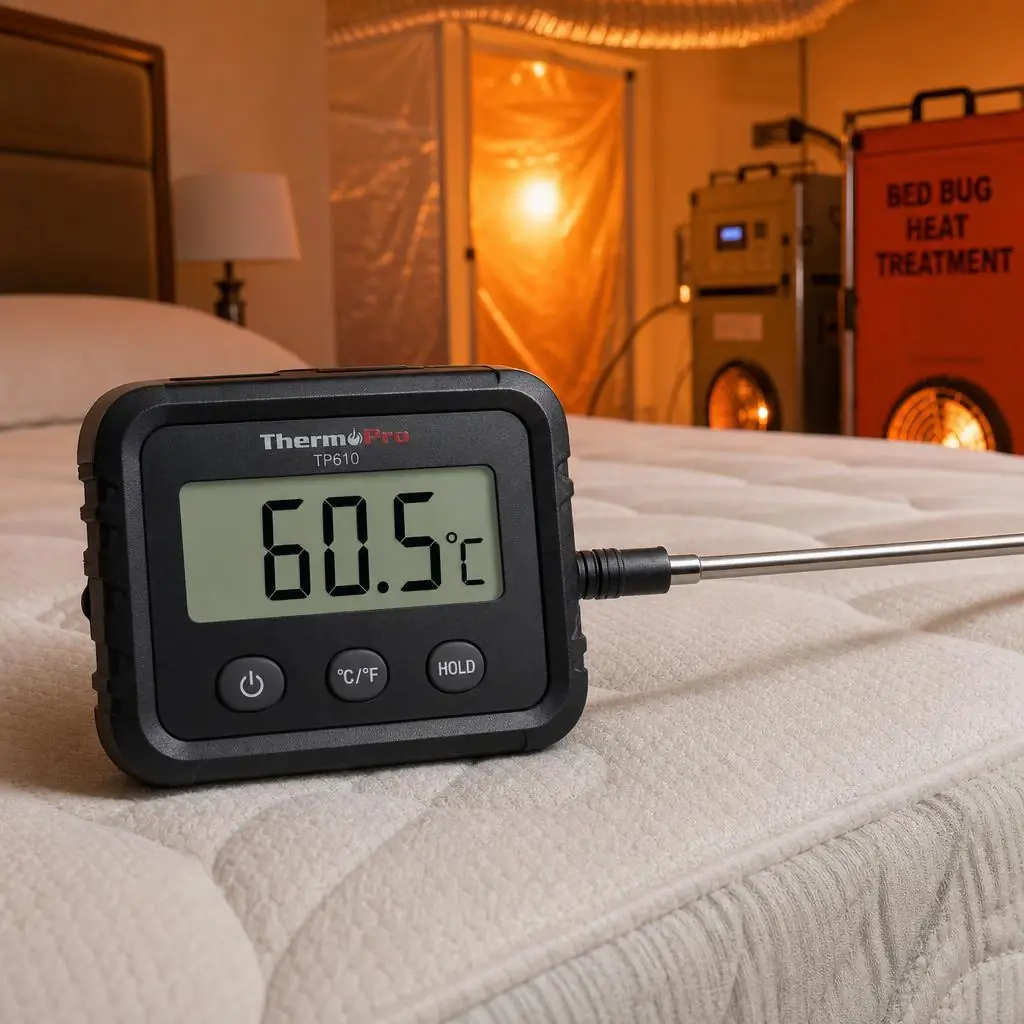 Digital thermometer showing 60.5°C bed bug kill temperature